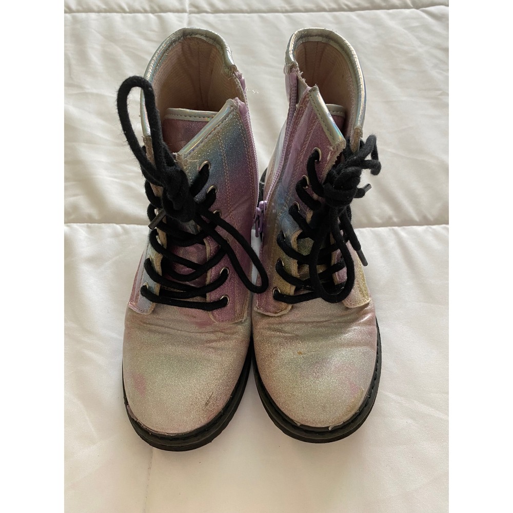 The Children's Place Combat Boots Kids 1 Iridescent Glitter Lace Up Side Zip